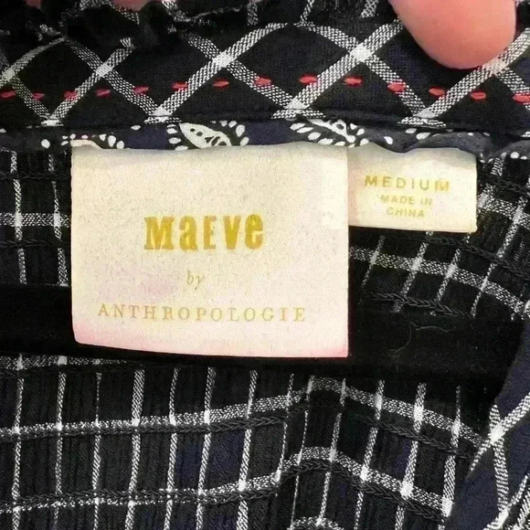 Anthropologie Maeve Dress women’s size medium blue & white check sash 3/4 sleeve - Picture 2 of 5